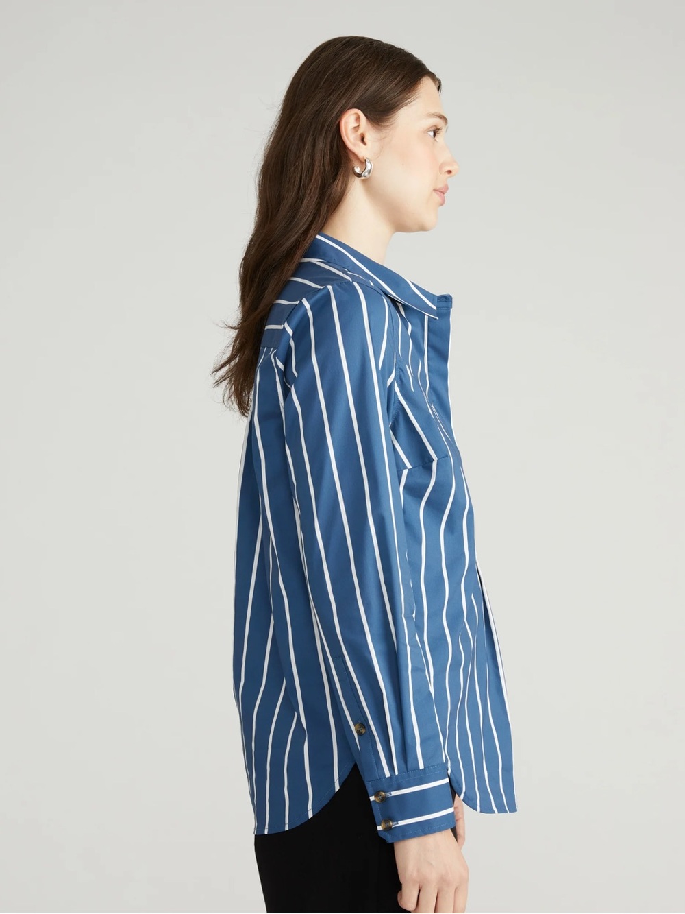Universal Standard Elbe Stretch Poplin Shirt Blue Poplin Stripe Popover size 3X